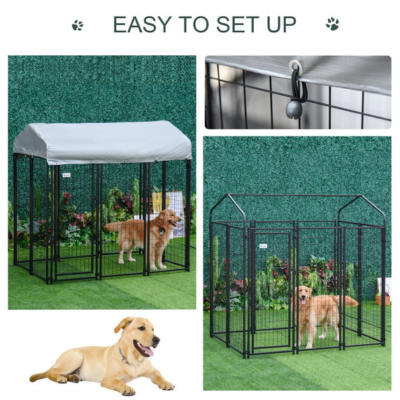 Outdoor Dog Kennel, Metal Dog Run with Canopy, 120 x 120 x 138cm