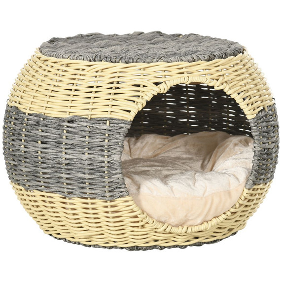 PawHut Wicker Cat House, Rattan Raised Cat Bed w/ Soft Cushion, 40 x 30cm