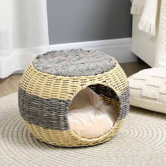 PawHut Wicker Cat House, Rattan Raised Cat Bed w/ Soft Cushion, 40 x 30cm