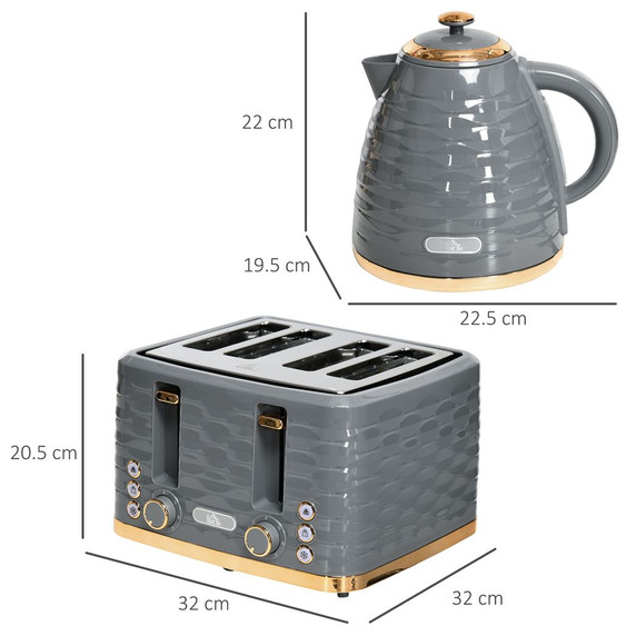 HOMCOM grey kettle and toaster set with 1.7L rapid boil kettle and 4-slice toaster