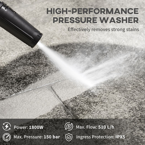 DURHAND High-Performance Power Washer - 1800W, 150 Bar, 510 L/h - Garden and Car Cleaner