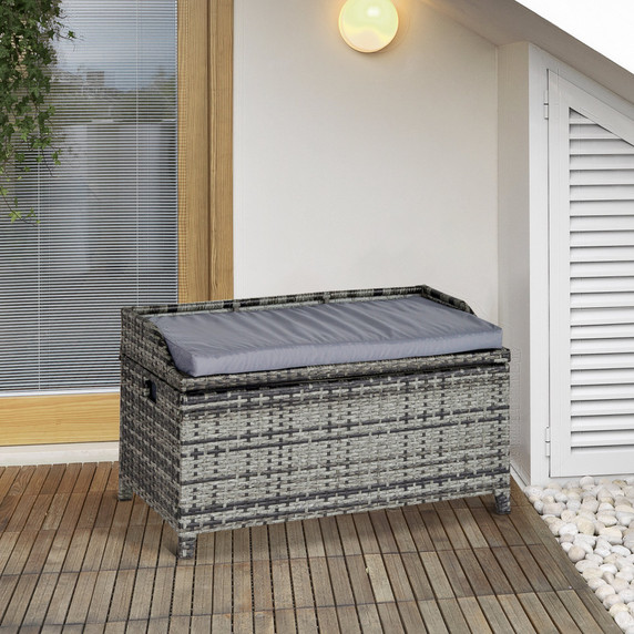  PE Rattan Bench Patio Wicker Storage Basket Seat Furniture w/ Cushion