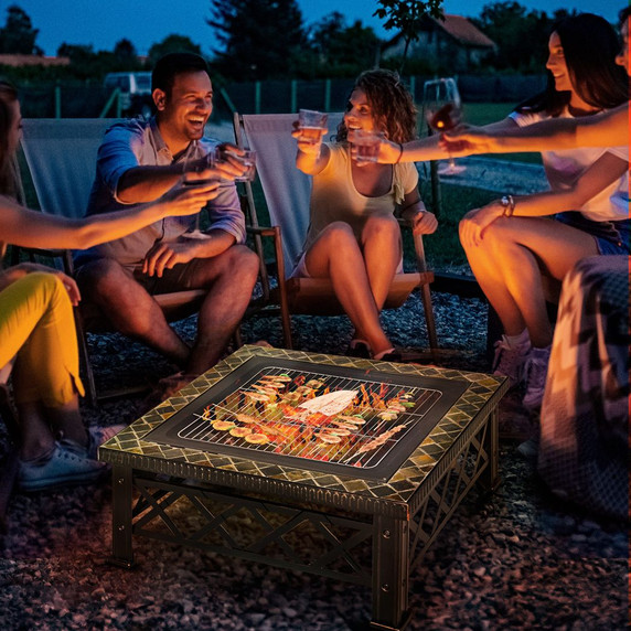76cm Square Garden Fire Pit Square Table w/ Poker Mesh Cover Log Grate