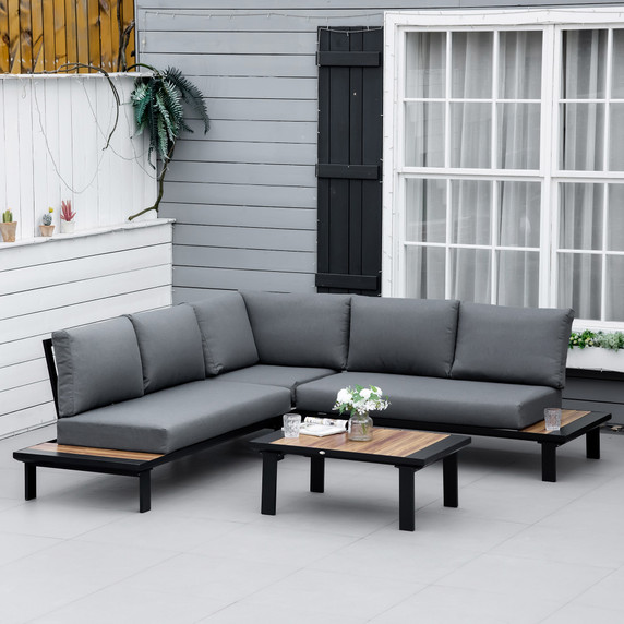 4Pc Aluminium Garden L Shape with Coffee Table Cushioned  Grey