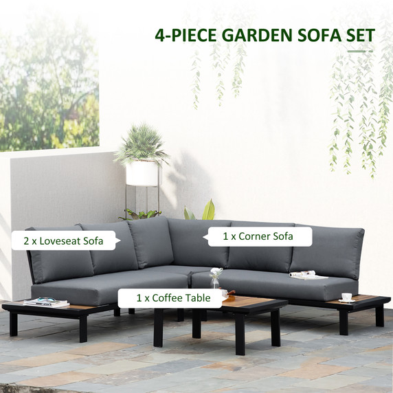 4Pc Aluminium Garden L Shape with Coffee Table Cushioned  Grey