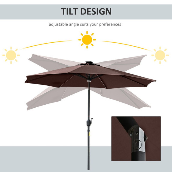 2.7m Garden Parasol Summer Shelter w/ LED Solar Light Crank Tilt Coffee