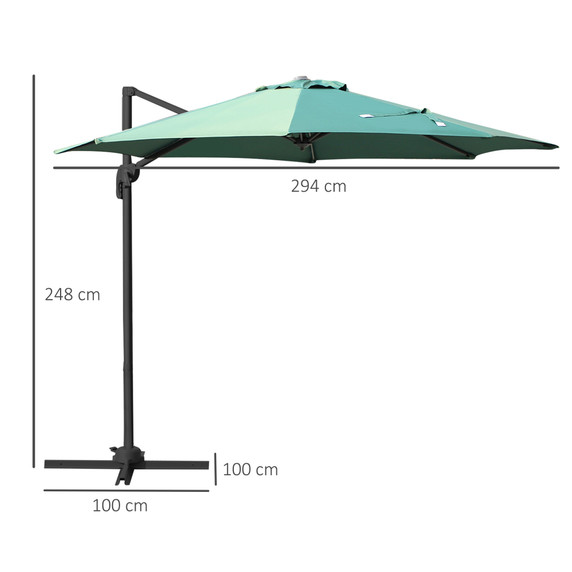 Cantilever Roma Parasol 360° Rotation w/ Hand Crank & Base, Green Outsunny