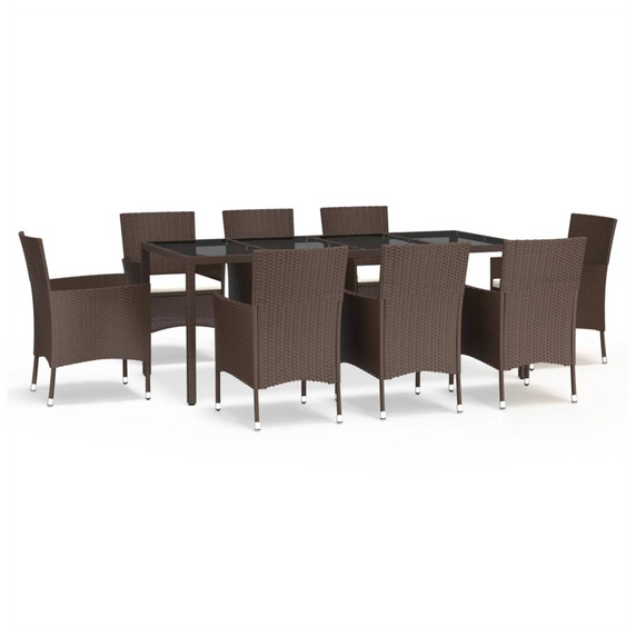 9 Piece Garden Dining Set with Cushions Brown Poly Rattan