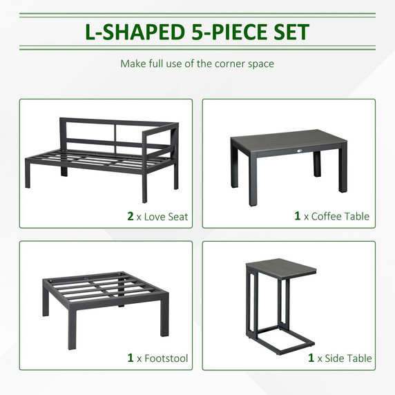 5-Piece Corner Garden Furniture Set w/ 2 Tables, Grey Aluminium Frame