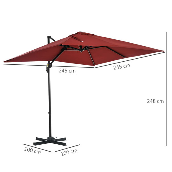 Outsunny Square Cantilever Roma Parasol 360� Rotation w/ Hand Crank, Wine Red