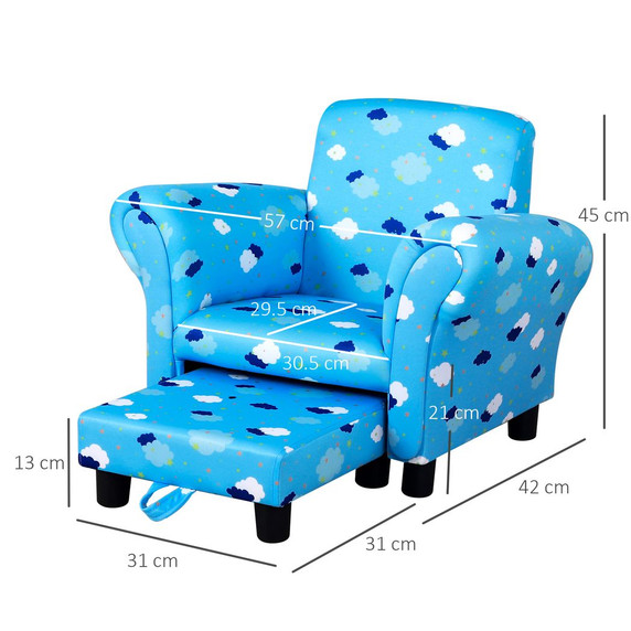 Cute Cloud Star Child Armchair Seat Wood Frame w/ Footrest Padding Blue