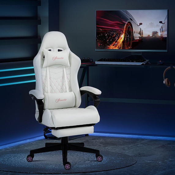 Racing Gaming Chair PU Leather Gamer Recliner Home Office, White