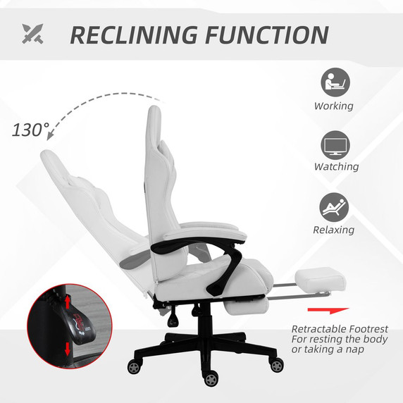 Racing Gaming Chair PU Leather Gamer Recliner Home Office, White
