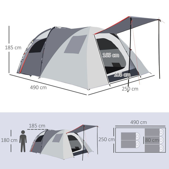 4-5 Man Outdoor Tunnel Tent, Two Room Camping Tent w/ Portable Mat