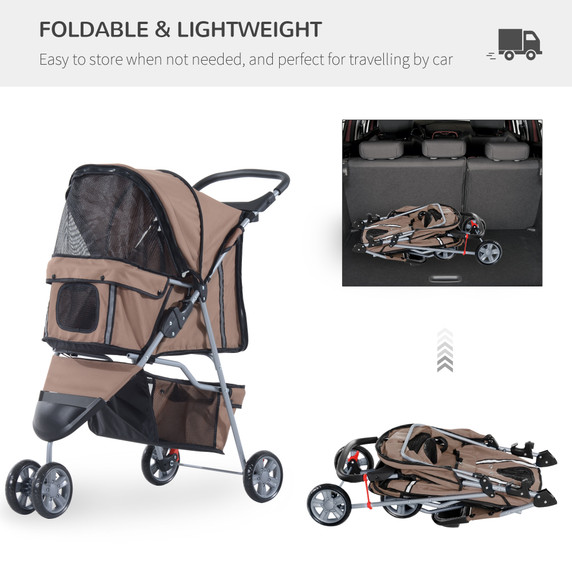 Pet Stroller Pushchair Carrier for Cat Puppy with 3 Wheels Brown Pawhut