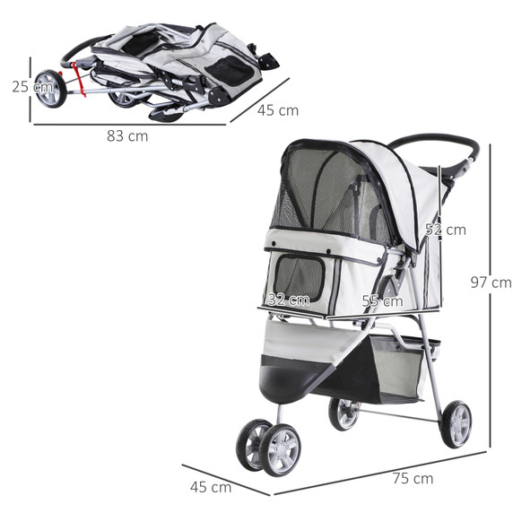 Pet Stroller Pushchair Carrier for Cat Puppy with 3 Wheels Grey Pawhut