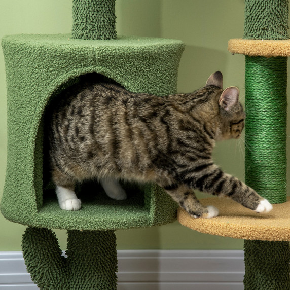 Multi-Lever Cat Tree with Scratching Posts and Cat House Bed, Green Pawhut