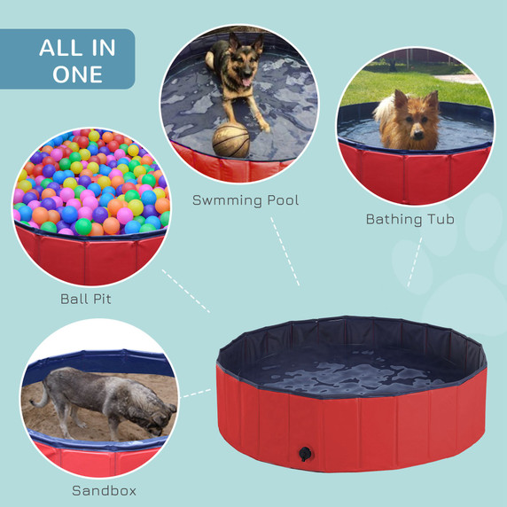 Pet Paddling Pool Cat Dog Indoor/ Outdoor Foldable 120cm Diameter Red Pawhut