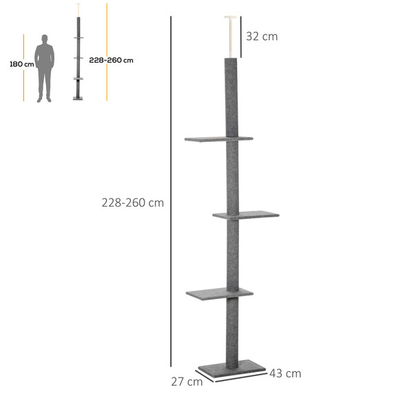 260cm Floor To Ceiling Cat Tree Kitten Tower Adjustable Height - Grey Pawhut