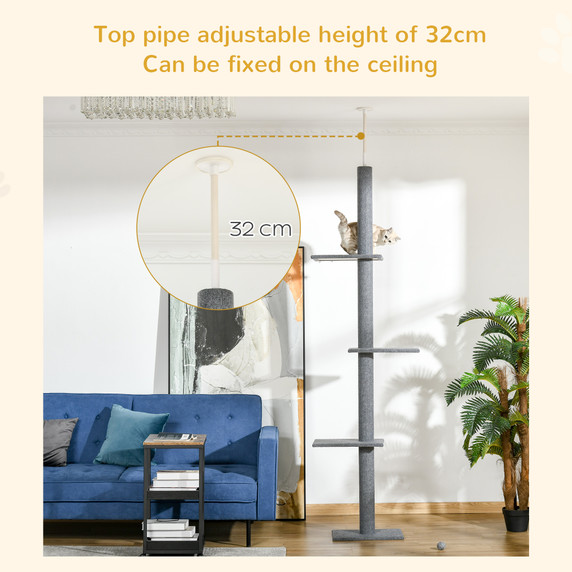 260cm Floor To Ceiling Cat Tree Kitten Tower Adjustable Height - Grey Pawhut