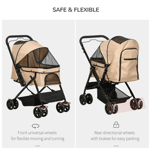 Pet Stroller Dog Foldable Travel Carriage with Reversible Handle, Brown