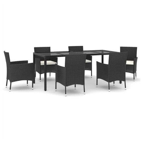 vidaXL 7 Piece Garden Dining Set with Cushions Black Poly Rattan