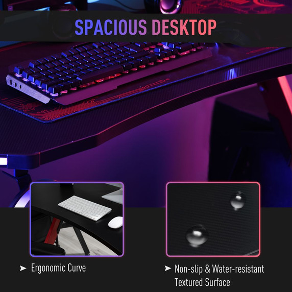 HOMCOM Ergonomic Gaming Desk with Hook Cup Holder LED & Cable Management, Red