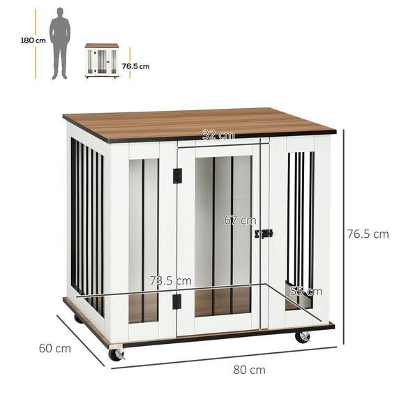 Dog Crate Furniture with Wheel for Medium Dogs, 80 x 60 x 76.5cm - White