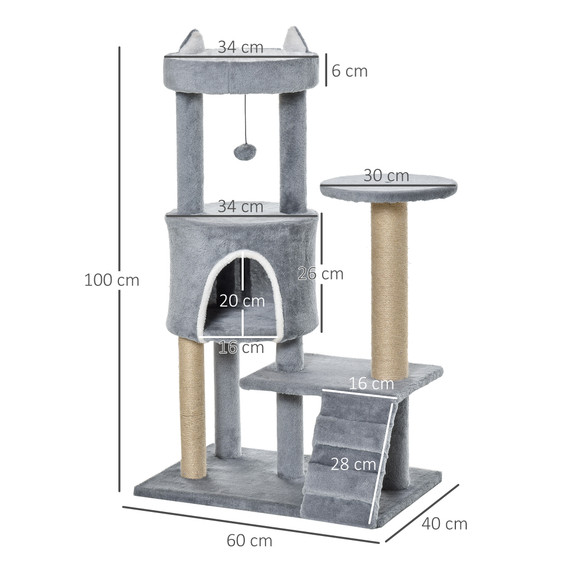 100cm Cat Tree with Climbing Ladder Scratching Post Ball, Light Grey Pawhut