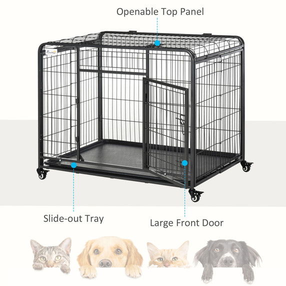 78x109cm Metal Dog Cage Kennel w/ Locking Door & Wheels Large Pets Pawhut