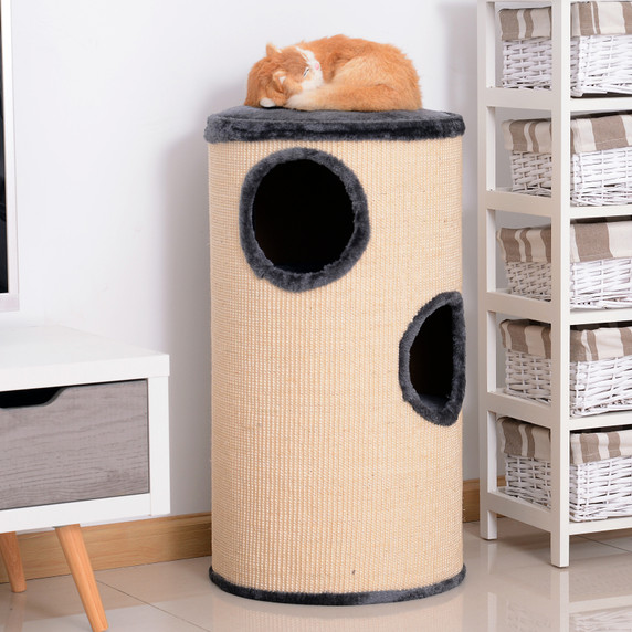 Cat Scratching Barrel Sisal Activity Center 3 Dens Observation Deck 70H Pawhut