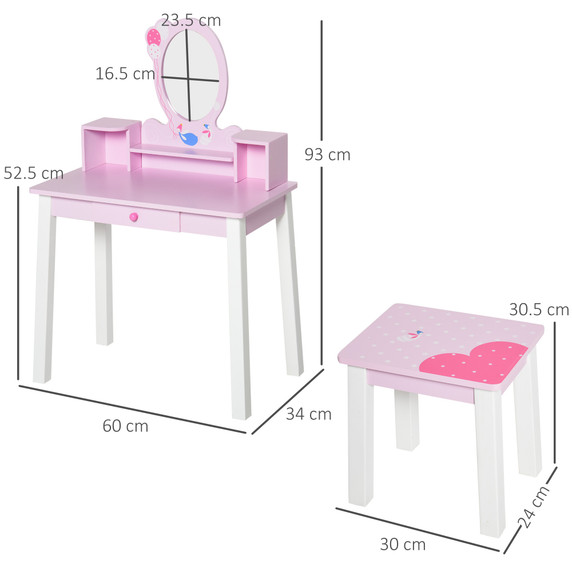 Adorable pink HOMCOM Kid Vanity Table Set with cartoon patterns and oval mirror - Perfect for children's bedrooms, playrooms, and creative spaces - Sturdy MDF and pinewood construction - Ample storage with drawer and compartments - Includes matching stool - Safe and stylish kids' furniture.