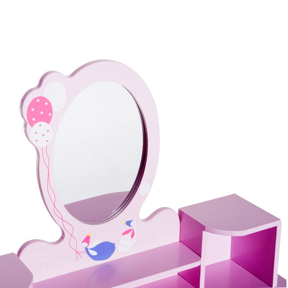 Adorable pink HOMCOM Kid Vanity Table Set with cartoon patterns and oval mirror - Perfect for children's bedrooms, playrooms, and creative spaces - Sturdy MDF and pinewood construction - Ample storage with drawer and compartments - Includes matching stool - Safe and stylish kids' furniture.