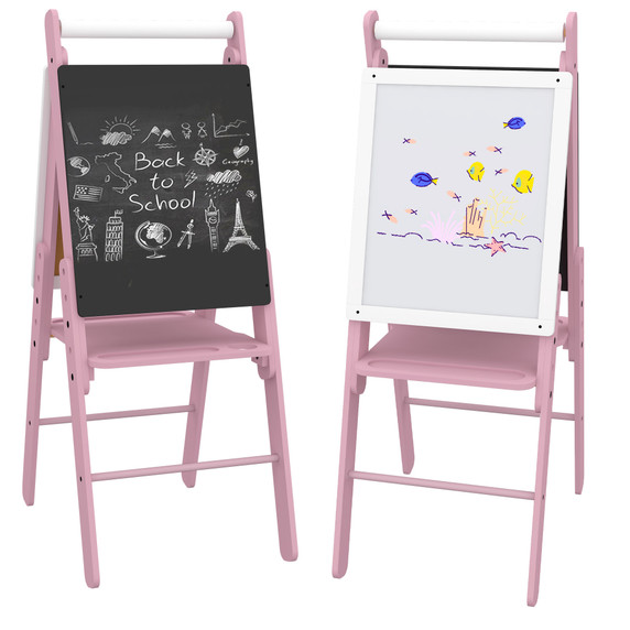 Art Easel for Kids, Double-Sided Whiteboard Chalkboard w/ Paper Roll - Pink
