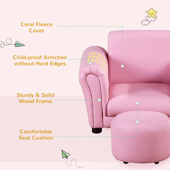 Kids Sofa Children Chair Seat Armchair W/Footstool Playroom Bedroom Pink