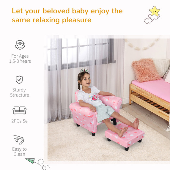 Cute Cloud Star Kids Children Armchair Mini Seat Wood w/ Footrest Padding Pink