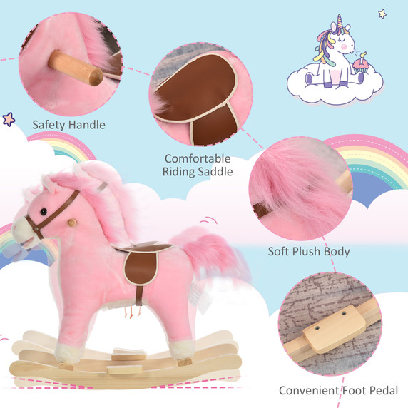 Kids Plush Rocking Horse w/ Moving Mouth Tail Sounds 18-36 Months Pink HOMCOM