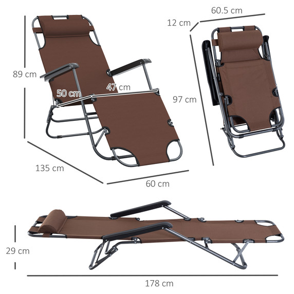 2 in 1 Outdoor Folding Sun Lounger Adjustable Back and Pillow Brown