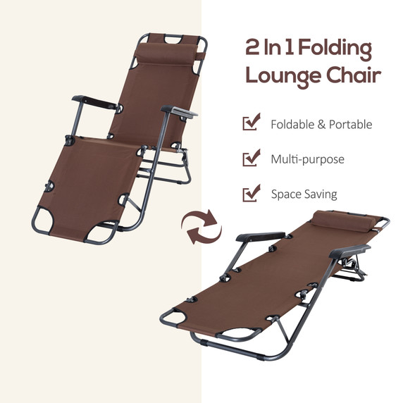 2 in 1 Outdoor Folding Sun Lounger Adjustable Back and Pillow Brown