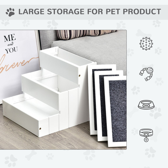 3 Step Wooden Dog Steps Pet Stairs Cat Ladder for Bed with Storage Pawhut