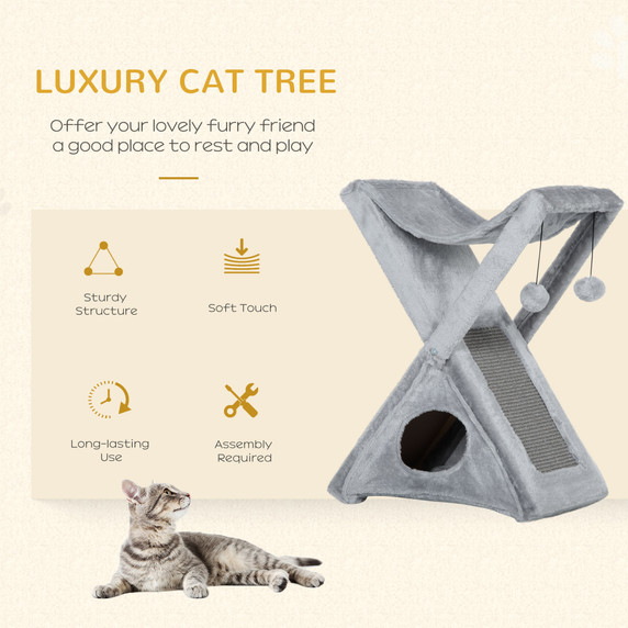 Plush Folding Cat Tree Play Rest Activity Tower w/ Scratching Post Grey Pawhut
