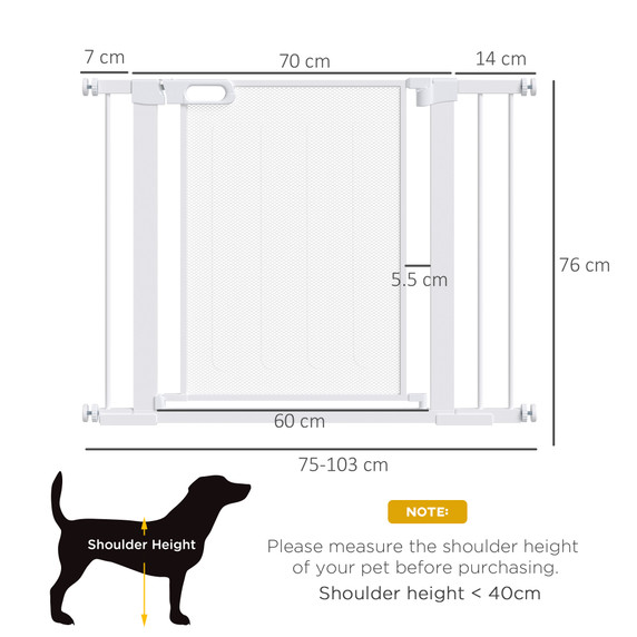 Pressure Fit Safety Gate for Doors, Dog Gate Auto Close, 75-103 cm White PawHut
