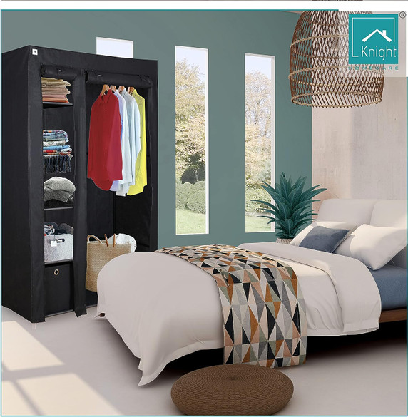 Knight Double Canvas Portable Free Standing Wardrobe Shelving Clothes Storage with Hanging Rail and Cubic Drawer (1pc Included) - L 110cm x W 45cm x H 175cm - Black
