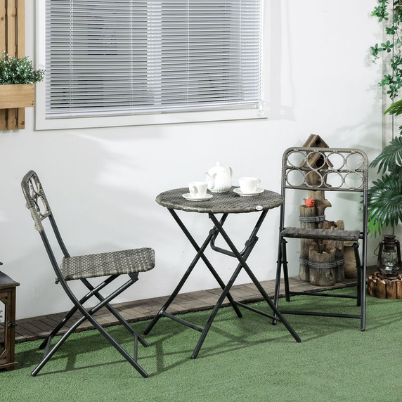 Outsunny 3 PCS Folding Rattan Wicker Bistro Set, Coffee Table Set, Grey