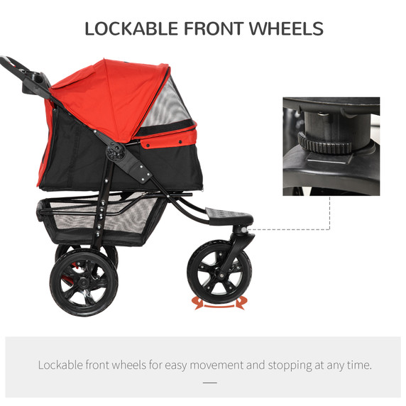 Folding 3 Wheel Pet Stroller Travel Adjustable Canopy Storage Brake Red Pawhut