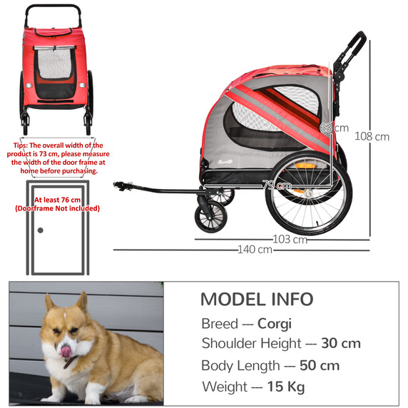 2-In-1 Dog Bike Trailer Stroller w/ Universal Wheel Reflector Flag Red Pawhut