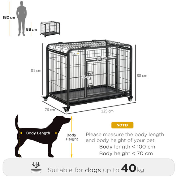 81x125cm Metal Dog Cage Kennel Locking Door & Wheels Extra Large Pets Pawhut
