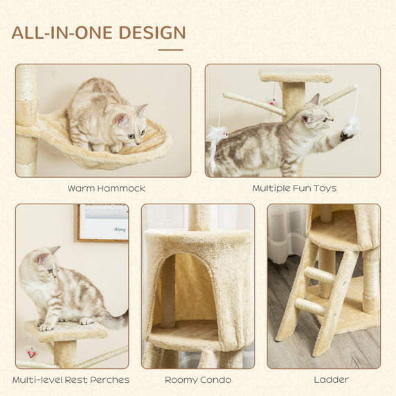 Cat Tree Kitty Activity Centre Condo Scratching Post with Toys Beige 131cm