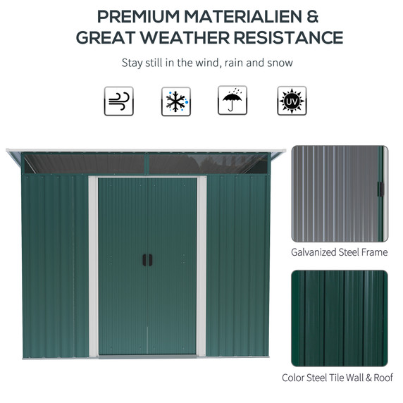 Pent Roofed Metal Garden Shed Foundation and Vent 260x194x200cm Green