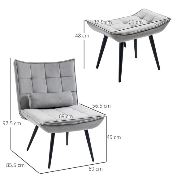 HOMCOM Armless Accent Chair with Footstool Set with Pillow and Steel Legs Grey